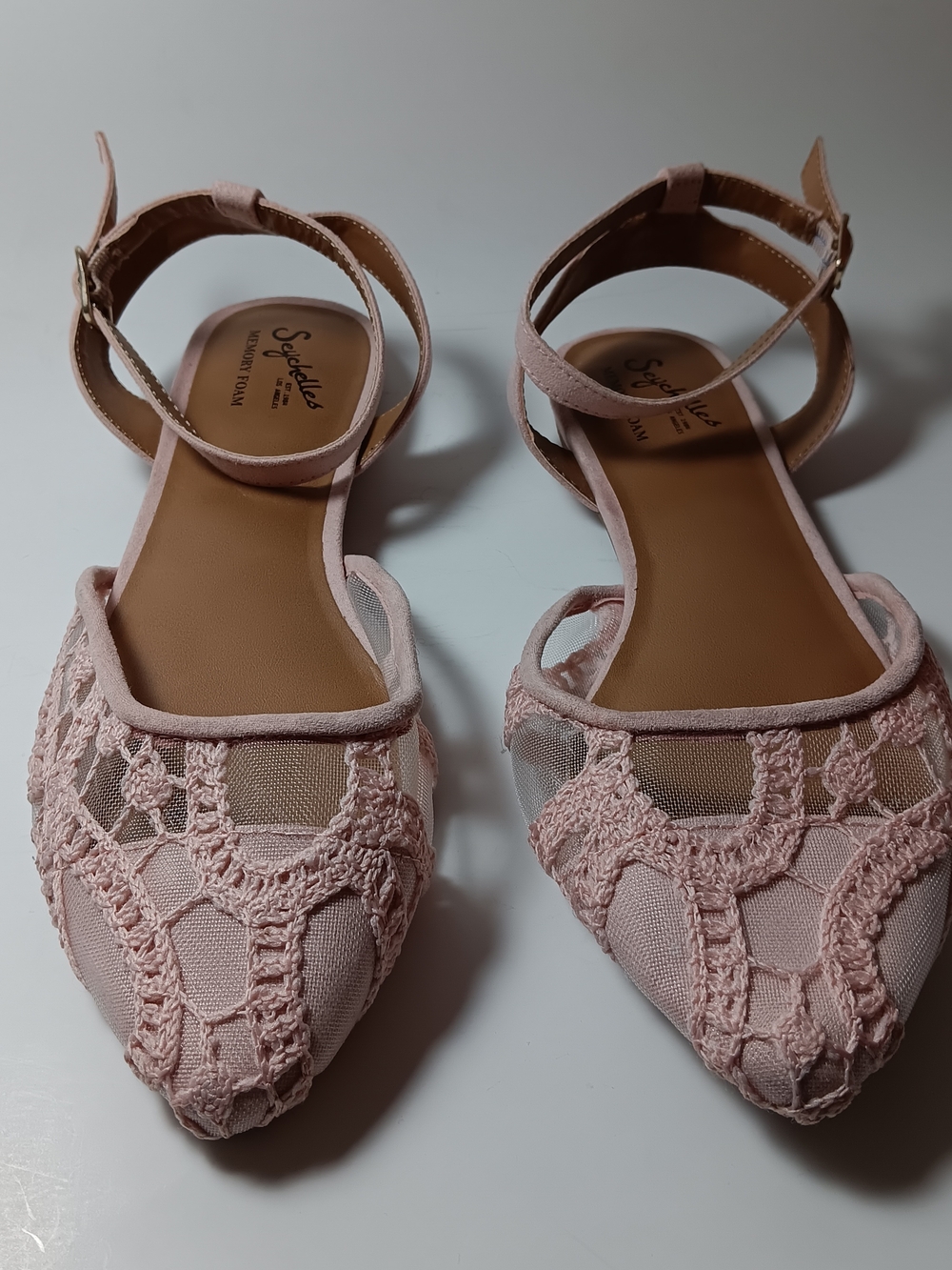 Pink Crochet Lace Mesh Pointed Toe Flats Ankle Strap Ballet Shoes Womens 8.5